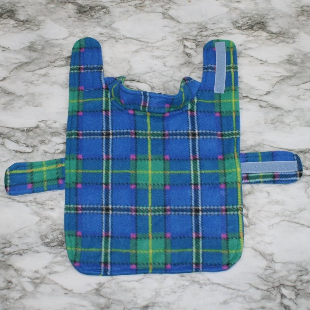 HAND CRAFTED Dog Coat Fleece Winter Reversible Blue Plaid Print B M XS